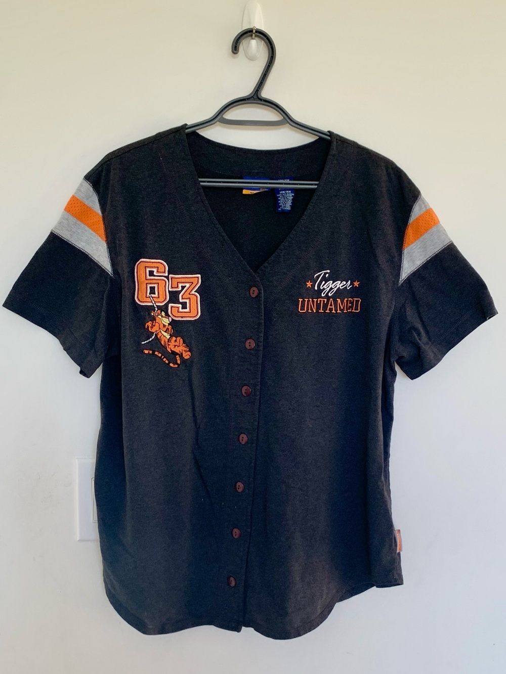 Vintage Disney Pooh Tigger Untamed Button up Baseball Jersey T-shirt Sz 14 16 XL